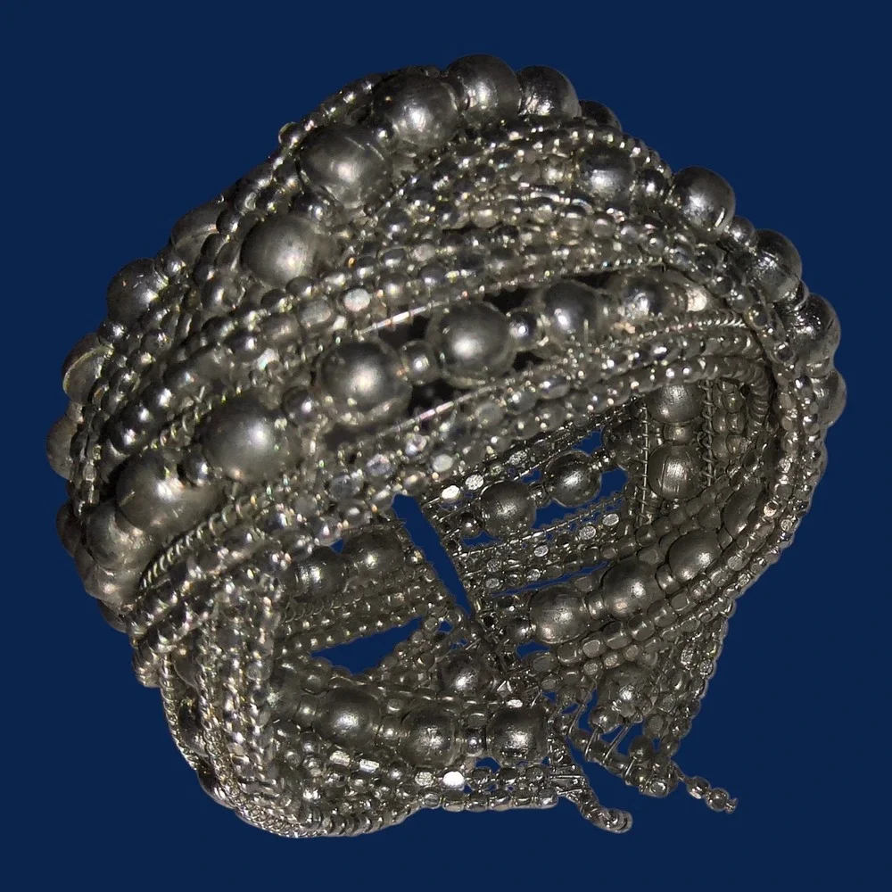 Silver Tone Boho Multi Strand Beaded Cuff Bracelet Wide Statement - Picture 6 of 8